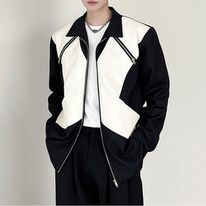 Black and White Leather Zip Up Jacket