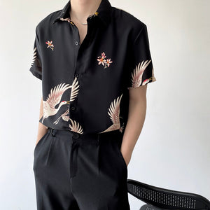 Crane Printed Lapel Short Sleeve Shirt