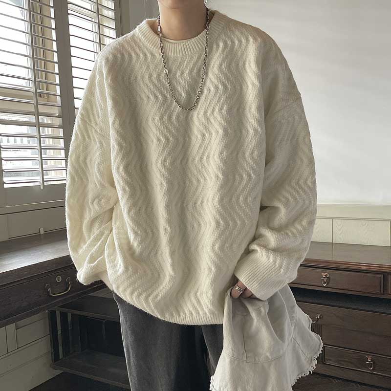 Wavy Crew Neck Solid Color Knit Sweater