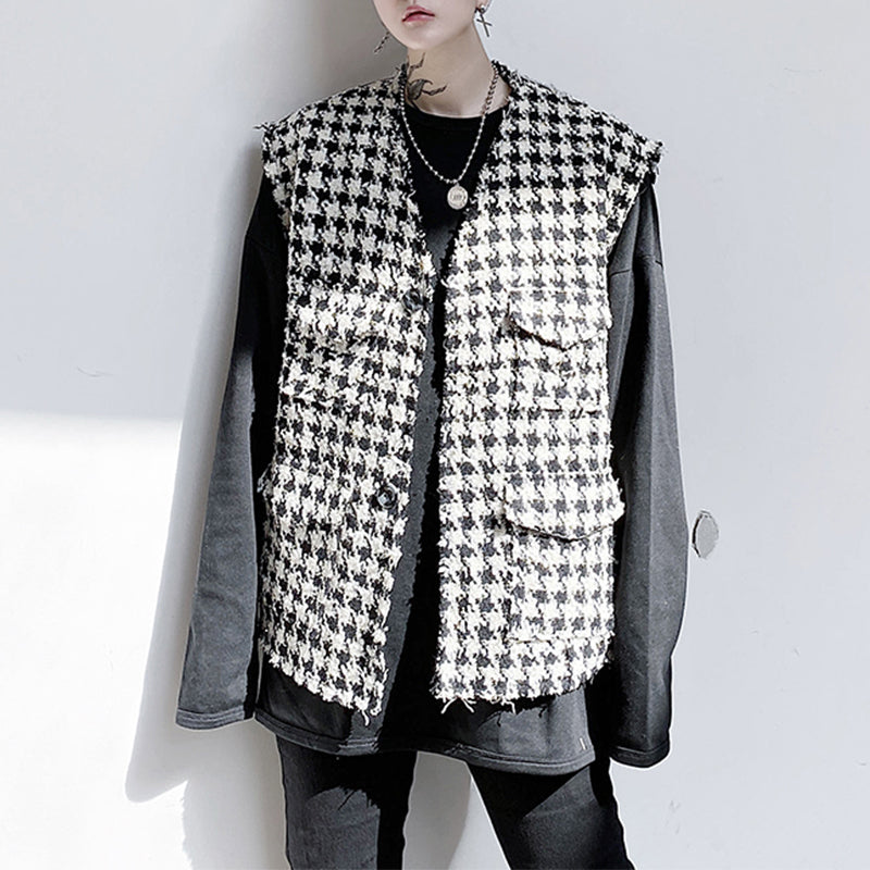 Retro Loose Raw Edge Plaid Vest