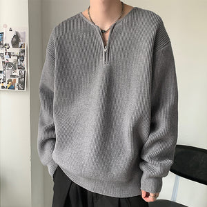 Zippered V-Neck Loose Knit Sweater