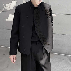 Embroidered Stand Collar Bias Placket Jacket