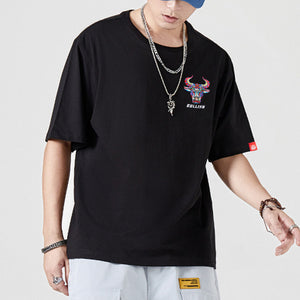 Bull Head Embroidered Loose Short Sleeve T-Shirt