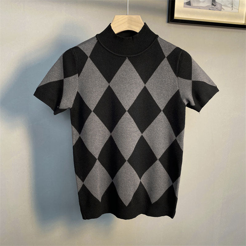 Half Turtleneck Short Sleeve Knit Plaid T-Shirt