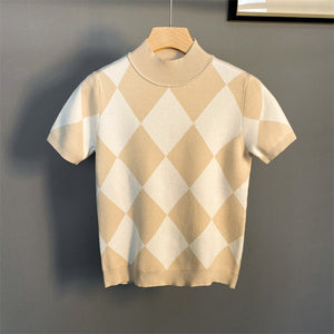 Half Turtleneck Short Sleeve Knit Plaid T-Shirt