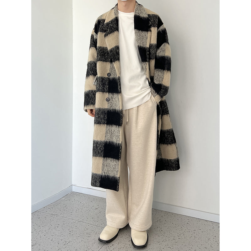 Color Block Check Mid Length Coat