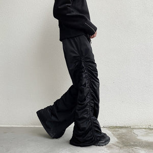 Dark Elastic Pleated Floor-length Trousers