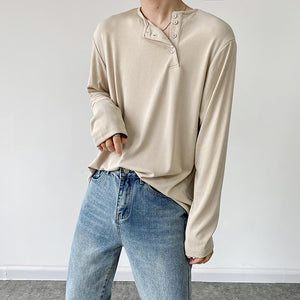 Buttoned Solid Long-sleeved T-shirt