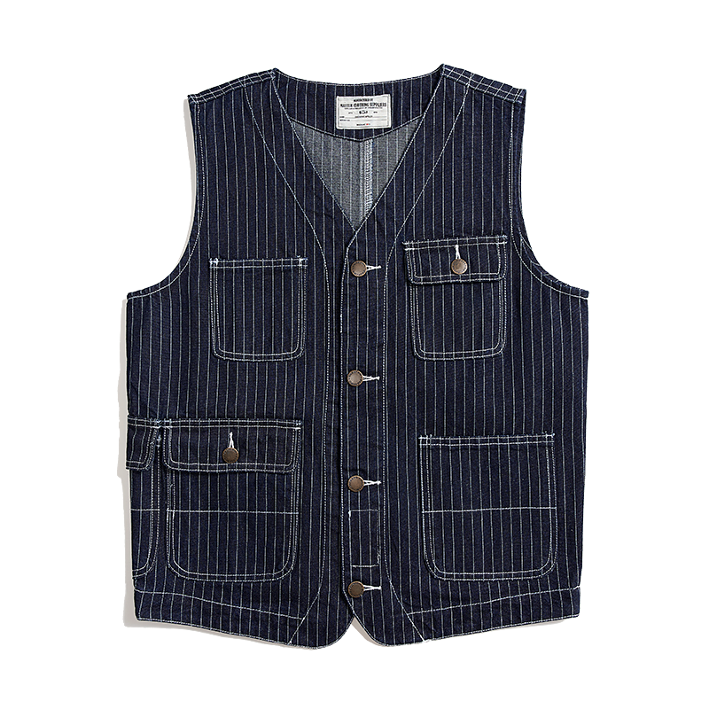 Striped Denim Multi-pocket Tooling Vest