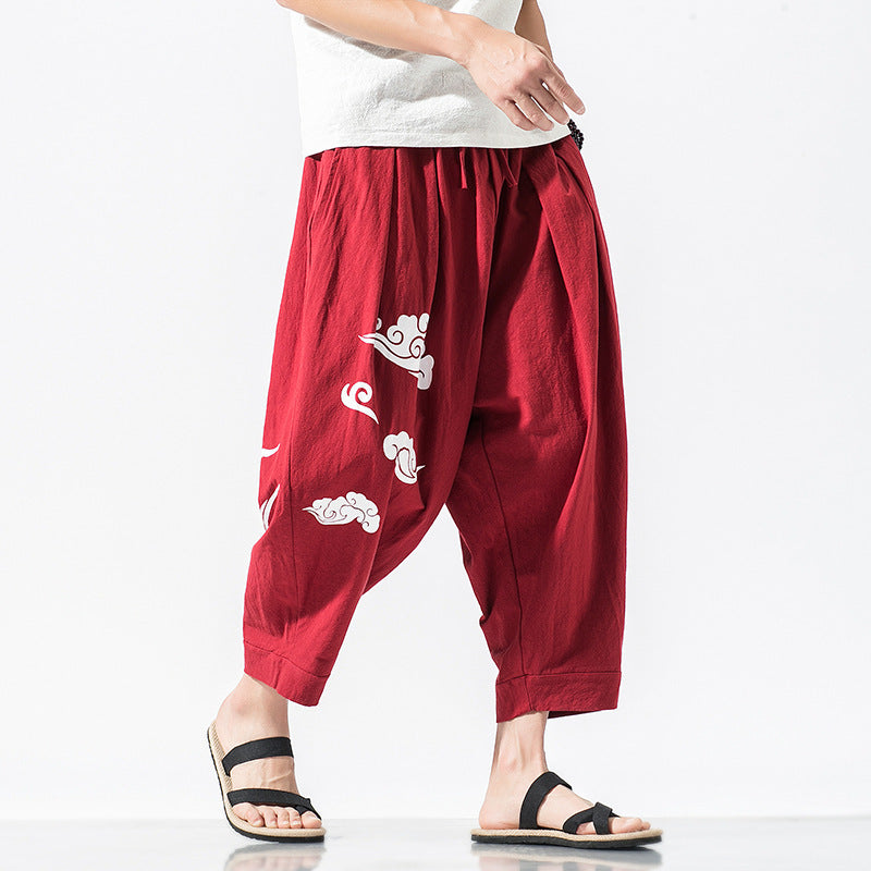 Cotton Linen Print Loose Ninth Pants