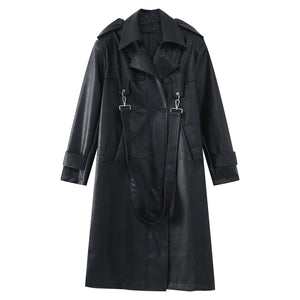 Metal Zipper PU Shoulder Pad Mid Length Coat