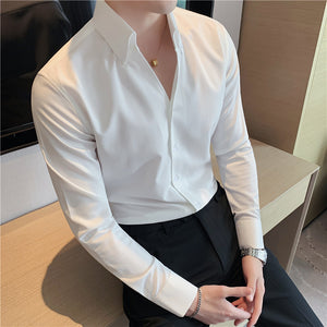 V-Neck Solid Color Slim Fit Shirt