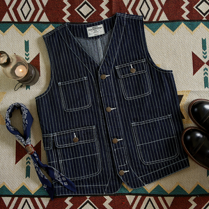 Striped Denim Multi-pocket Tooling Vest