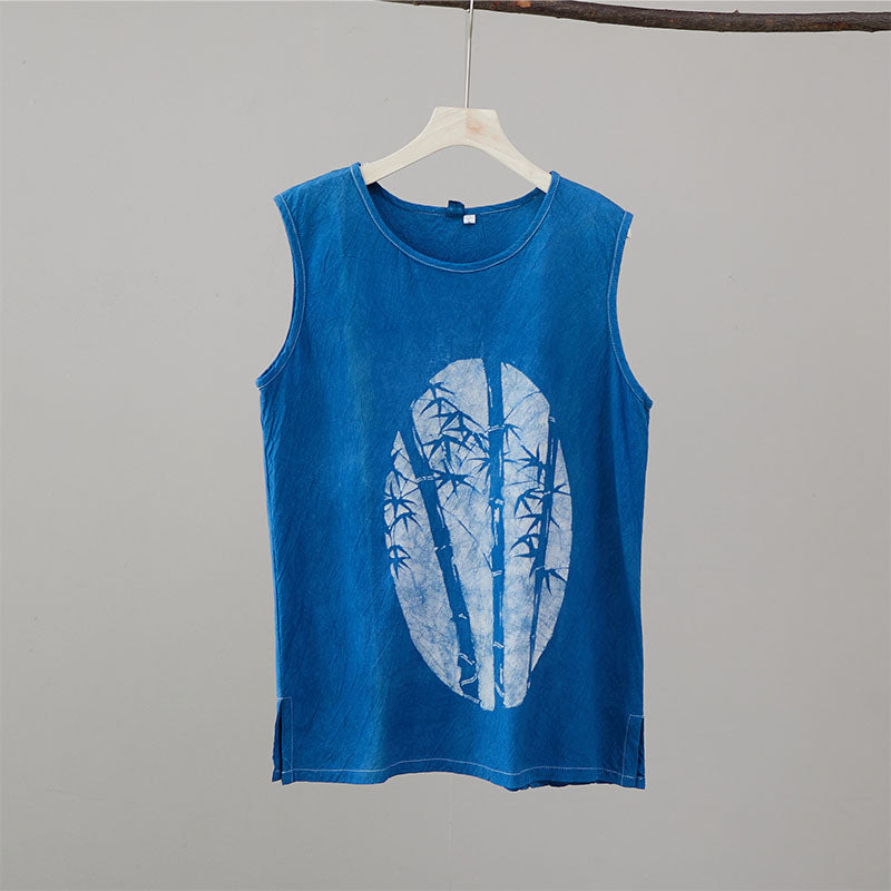 Blue Bamboo Cotton Linen Print Tank Top