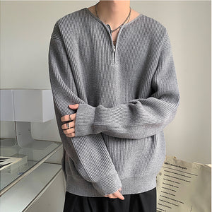 Zippered V-Neck Loose Knit Sweater