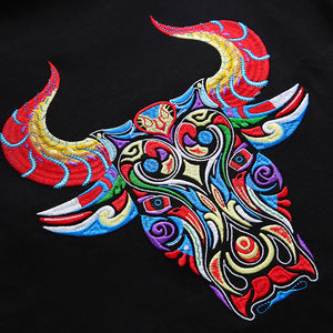 Bull Head Embroidered Loose Short Sleeve T-Shirt