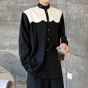 Asymmetric Stand Collar Contrasting Color Long Sleeve Shirt