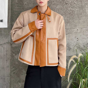 Contrast Color Cropped Lapel PU Leather Jacket