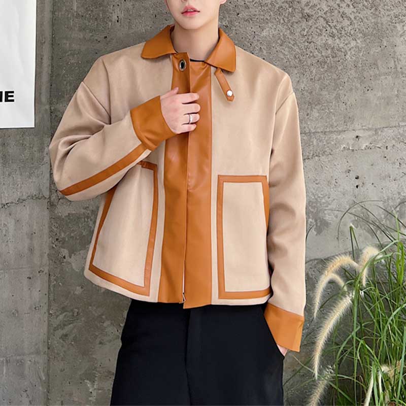 Contrast Color Cropped Lapel PU Leather Jacket