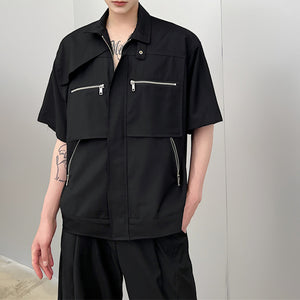 Multi-Zip Stand Collar Short Sleeve Shirt