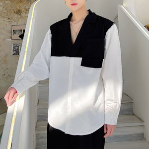 V-Neck Contrast Panel Long Sleeve Shirt