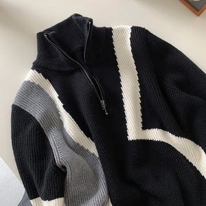 Zip Turtleneck Patchwork Knit Sweater