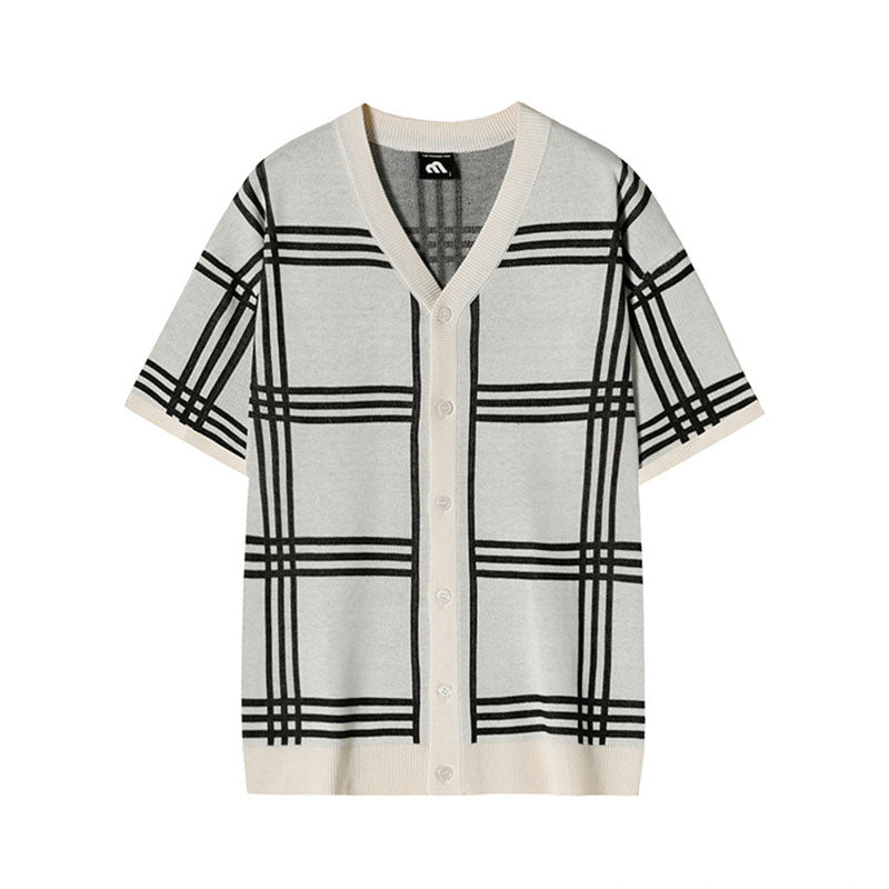 Knit Plaid V-Neck Short Sleeve Cardigan