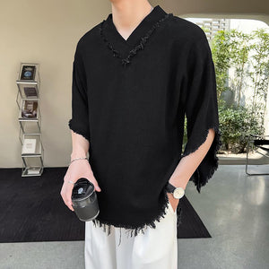 Tassels Raw Edge V Neck Half Sleeves T-Shirt