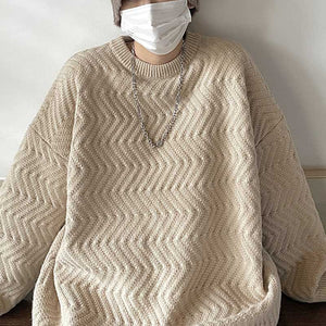 Wavy Crew Neck Solid Color Knit Sweater