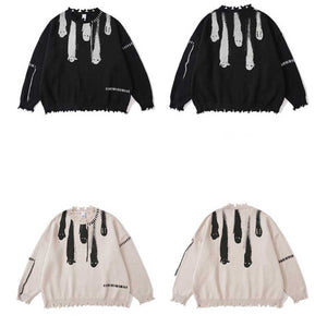 Printed Crew Neck Fringe Knit Sweater