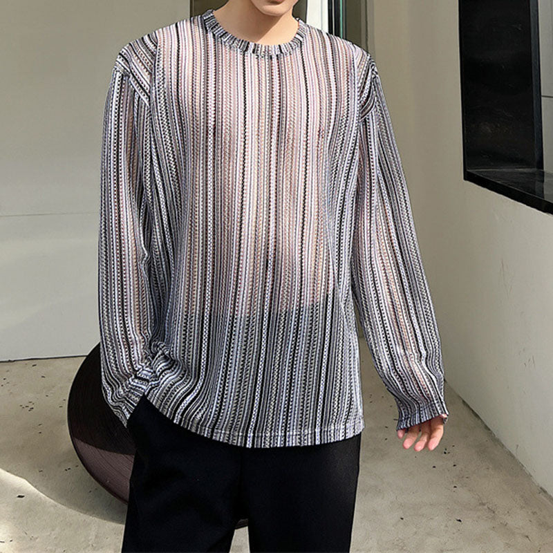 Teal Striped Crewneck Sheer T-Shirt