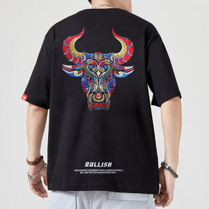 Bull Head Embroidered Loose Short Sleeve T-Shirt