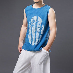 Blue Bamboo Cotton Linen Print Tank Top