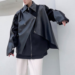 Irregular Wool and Leather Panel Jacket