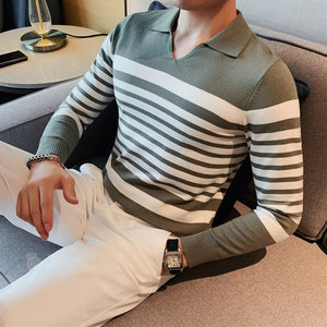 Striped Long-sleeve Knitted Polo Shirt