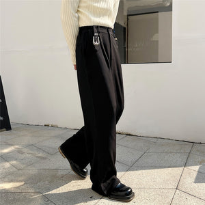 Dark Metal Buckle Trim Straight Pants