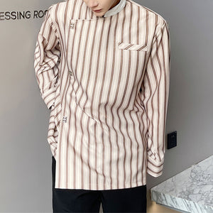 Stripes Metal Button Stand Collar Shirt