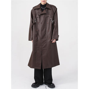 Metal Zipper PU Shoulder Pad Mid Length Coat