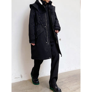 Black Shawl Hooded Mid Length Padded Coat