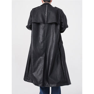 Metal Zipper PU Shoulder Pad Mid Length Coat