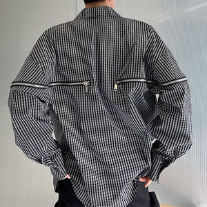 Black and White Grid Zipper Splicing Long-sleeved Shirt