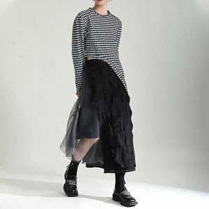 Contrast Color Stitching Mesh Pleated A-line Skirt