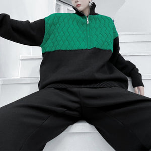 Turtleneck Zip Contrast Twist Pullover Sweater