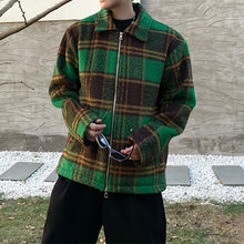 Load image into Gallery viewer, Green Plaid Zipper Lapel Slim Fit Jacket
